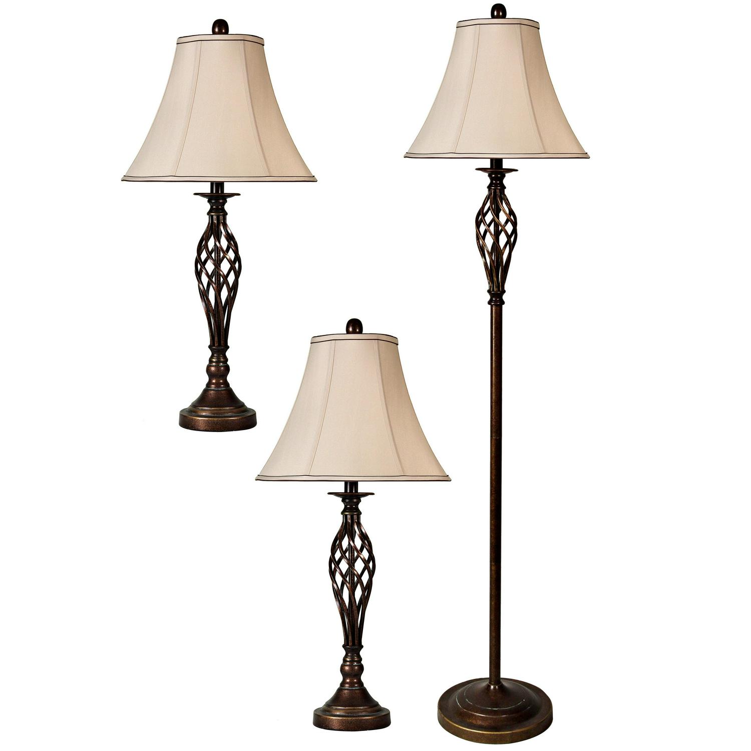 Barclay Table Lamp  Brass Finish  White Silk Shade  Set Of 3: 2 Table， 1 Floor