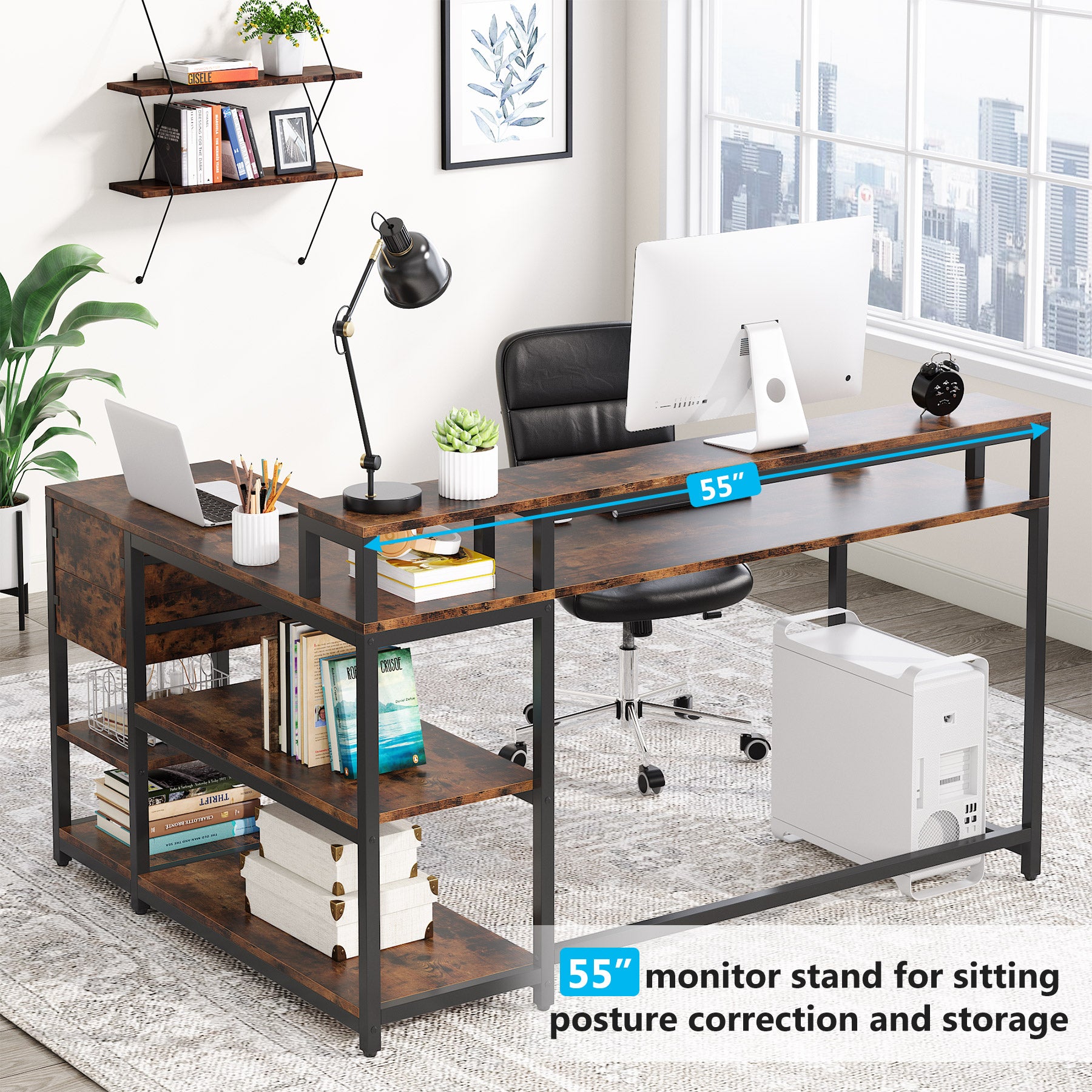 Reversible L-Shaped Desk, Industrial Corner Desk with Drawer & Shelves