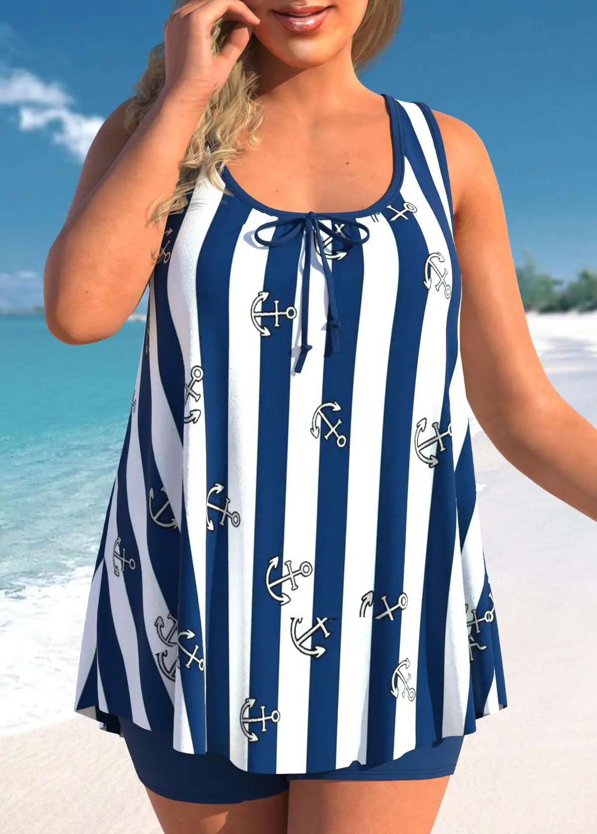 STRIPED NAVY BLUE BOWKNOT PLUS SIZE TANKINI SET