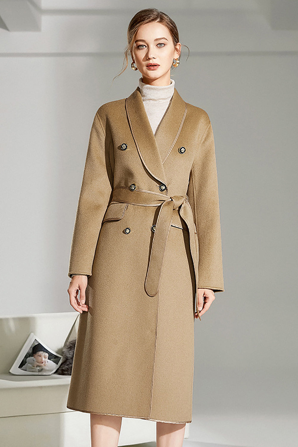 Black Double Breasted Lapel Neck Long Wool Coat with Belt