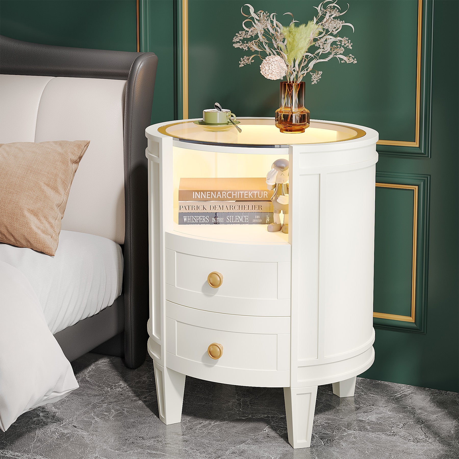 2-Drawer Nightstand with LED Light, Modern Side Table with Glass Tabletop