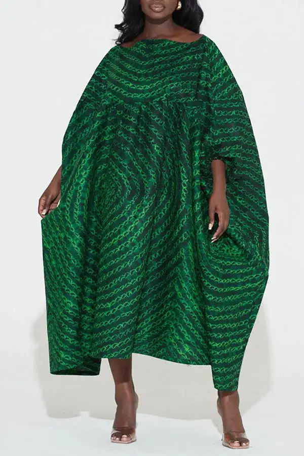 Chic Graphic Print Batwing Sleeve Slash Neck Plus Size Midi Dress
