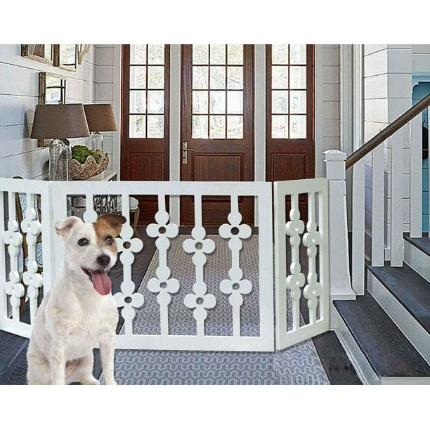 Flower Cut Out Design Adjustable Wooden Pet Gate- Dog Fence for Doorways Stairs -Decorative Pet Barrier