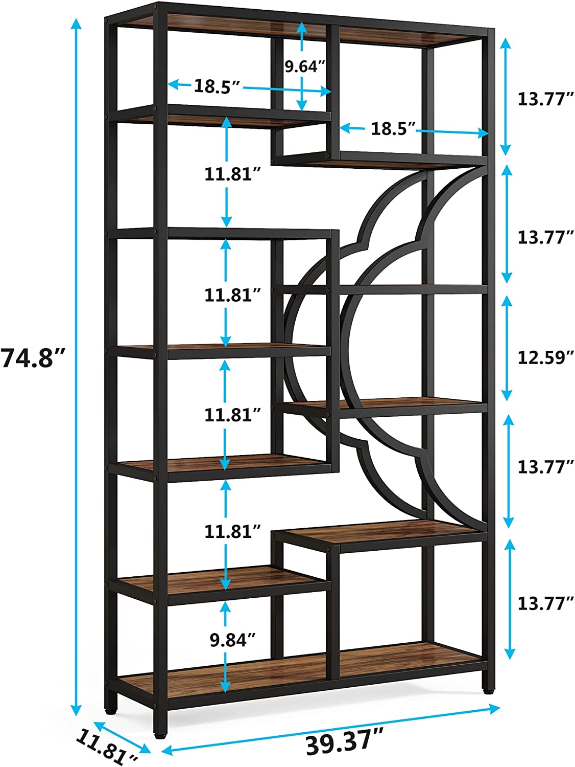 Industrial  Bookshelf, 11-Shelves Staggered Etagere 75” Tall Bookcase