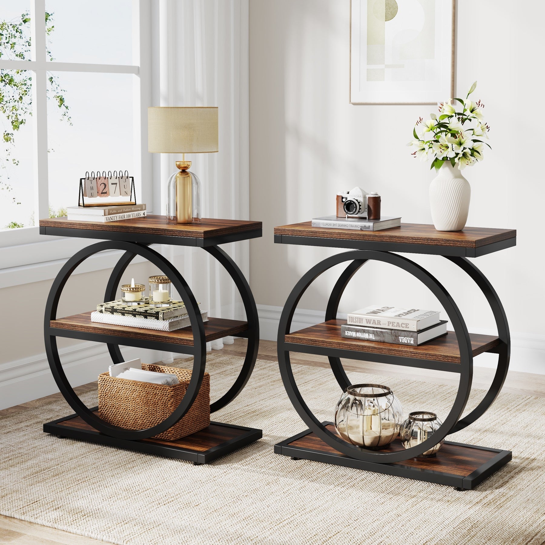 3-Tier End Table, Industrial Sofa Side Table with Round Metal Frame