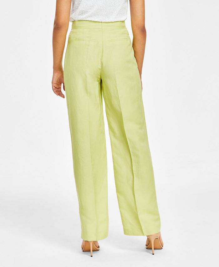 Women's Linen High Rise Wide-Leg Asymmetrical-Fly Pants