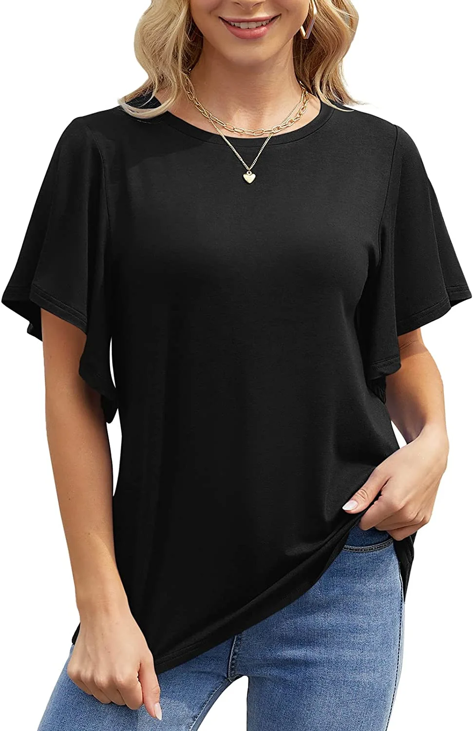 Womens Cute Crew Neck Ruffle Short Sleeve Shirts Casual Loose Summer Tops