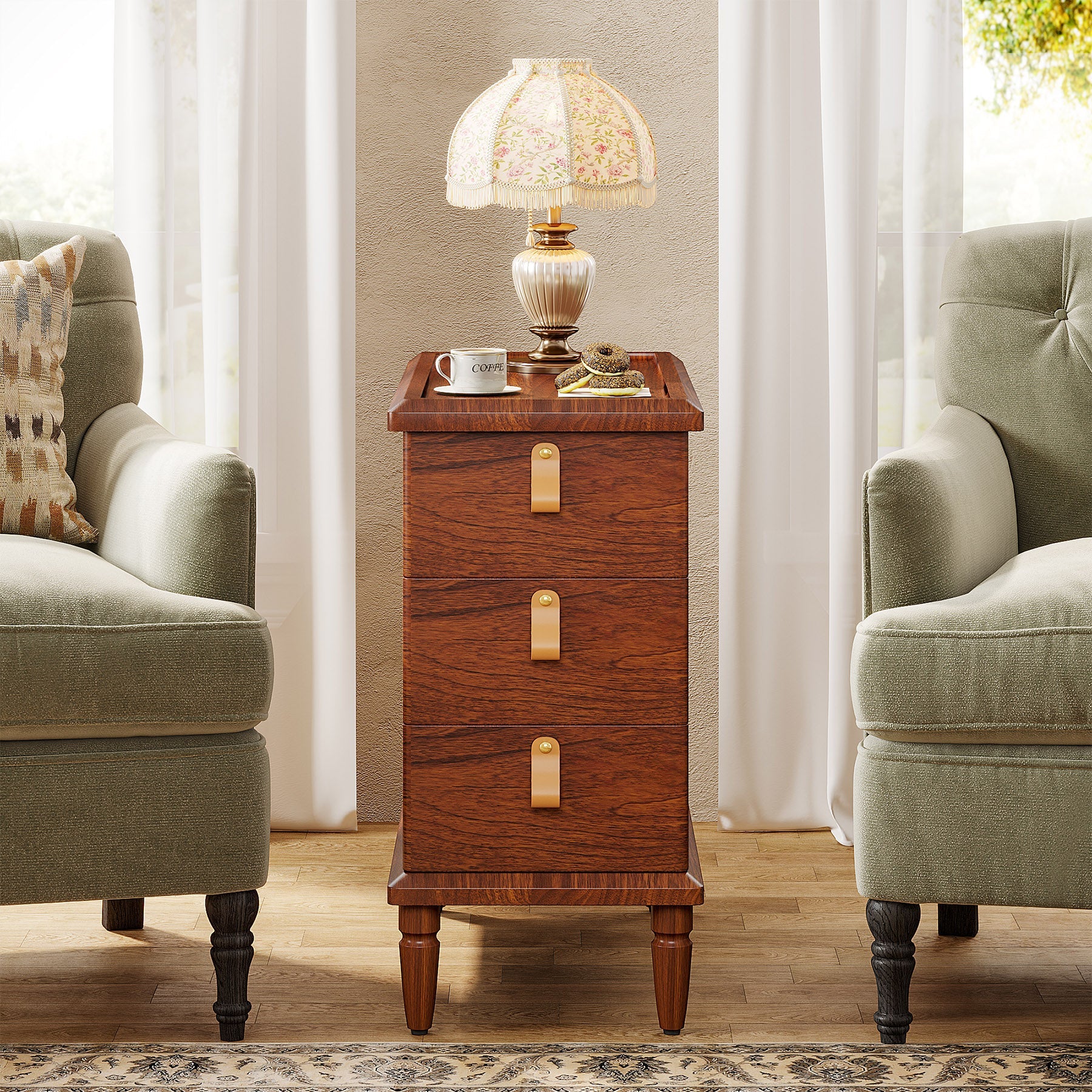 Wood End Table, Classic Nightstand with 3 Wooden Drawers