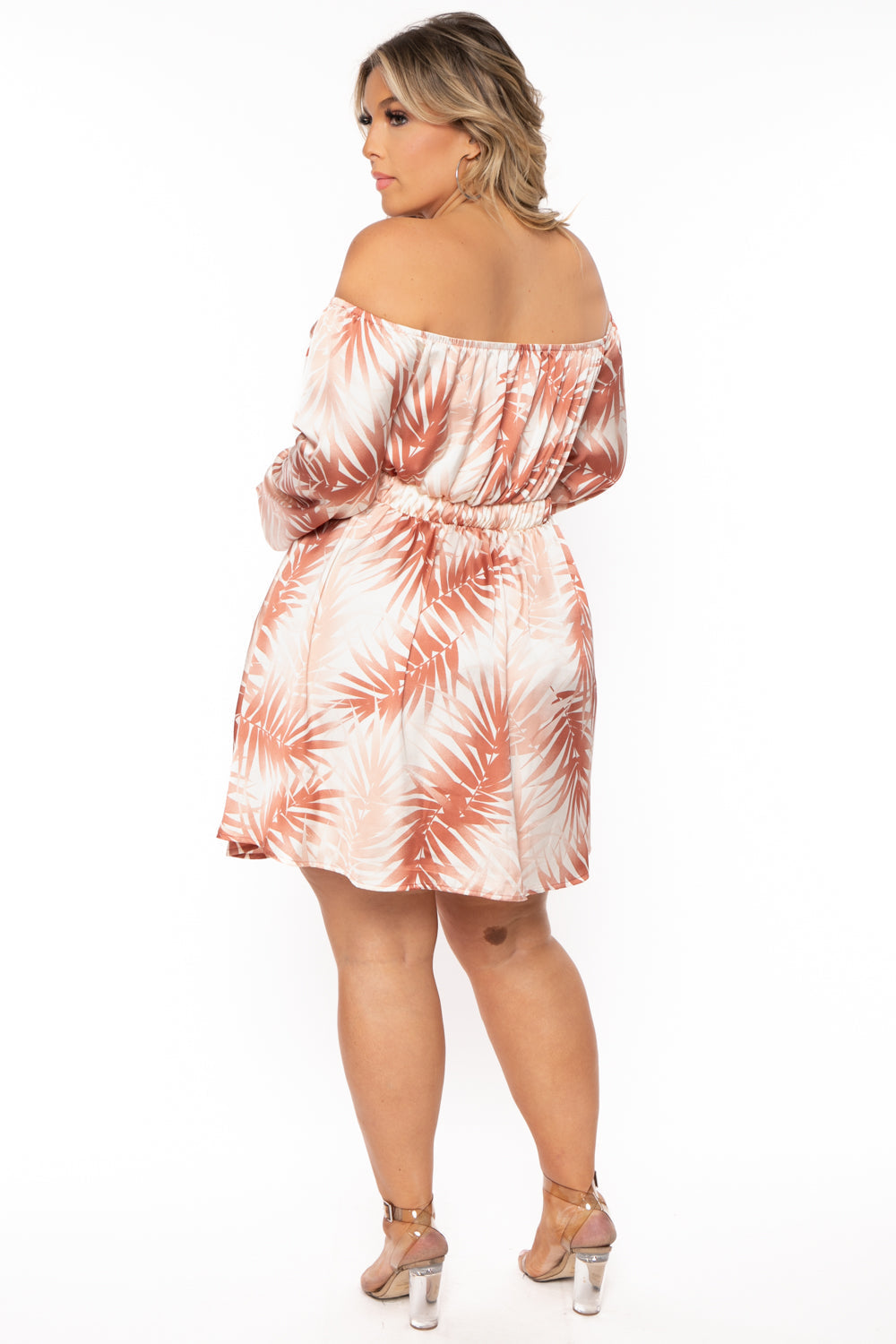 Plus Size Evianna Palm Print Satin Dress - Mocha