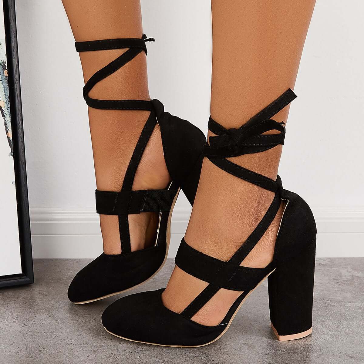 Chunky Block High Heels Lace Up Dress Sandals Ankle Strappy Pumps