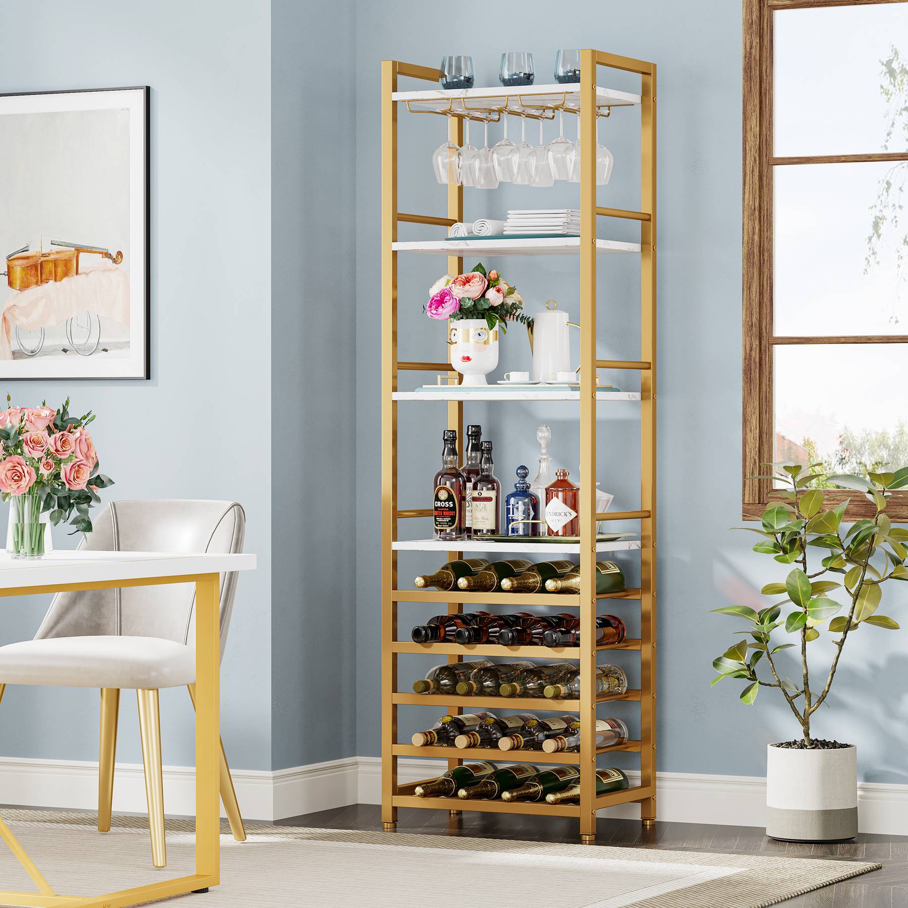 9-Tier Wine Rack, 20 Bottle Wine Bar Cabinet with Glass Holder