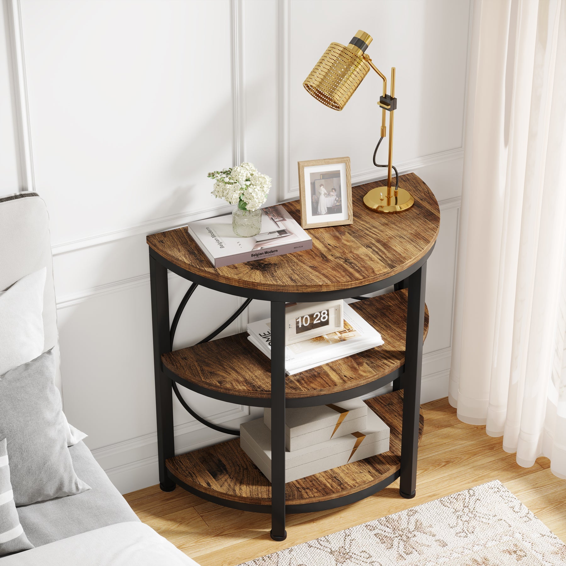 Half-Round End Table, 3-Tier Narrow Side Table with Metal Frame