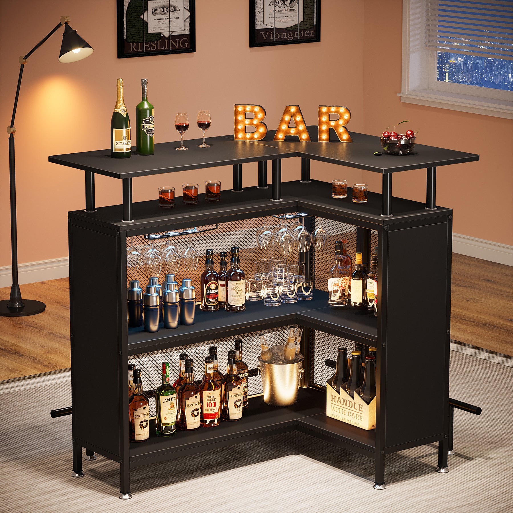 L-Shaped Home Bar Unit, Liquor Bar Table with Glasses Holders & Shelves