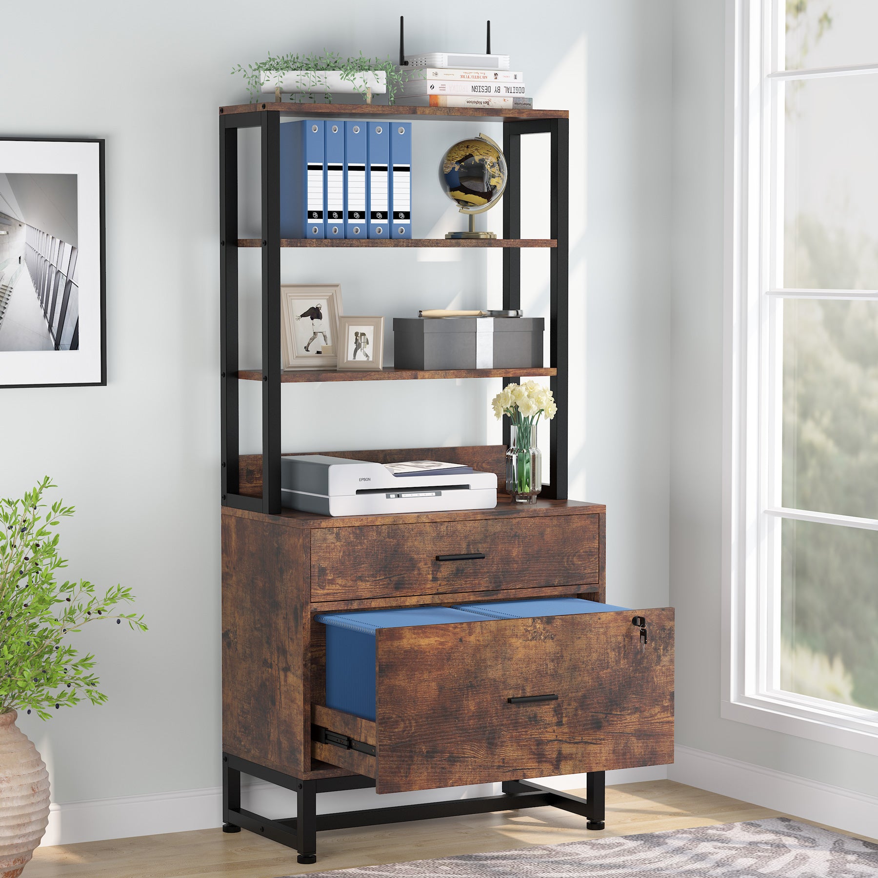 2-Drawer File Cabinet, Vertical Filing Cabinet with Lock & Bookshelf