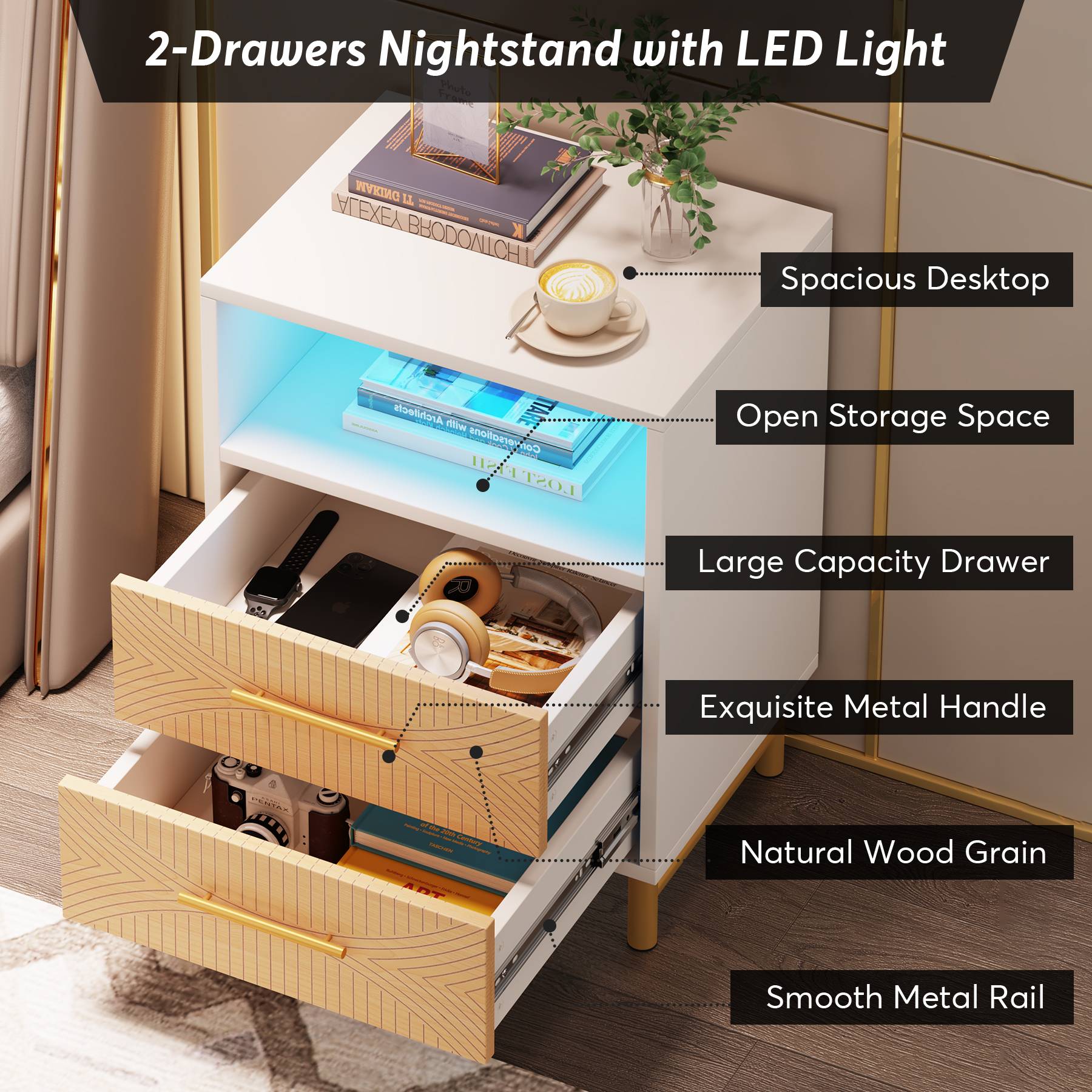 2-Drawer Nightstand, LED Bedside Table with Open Storage