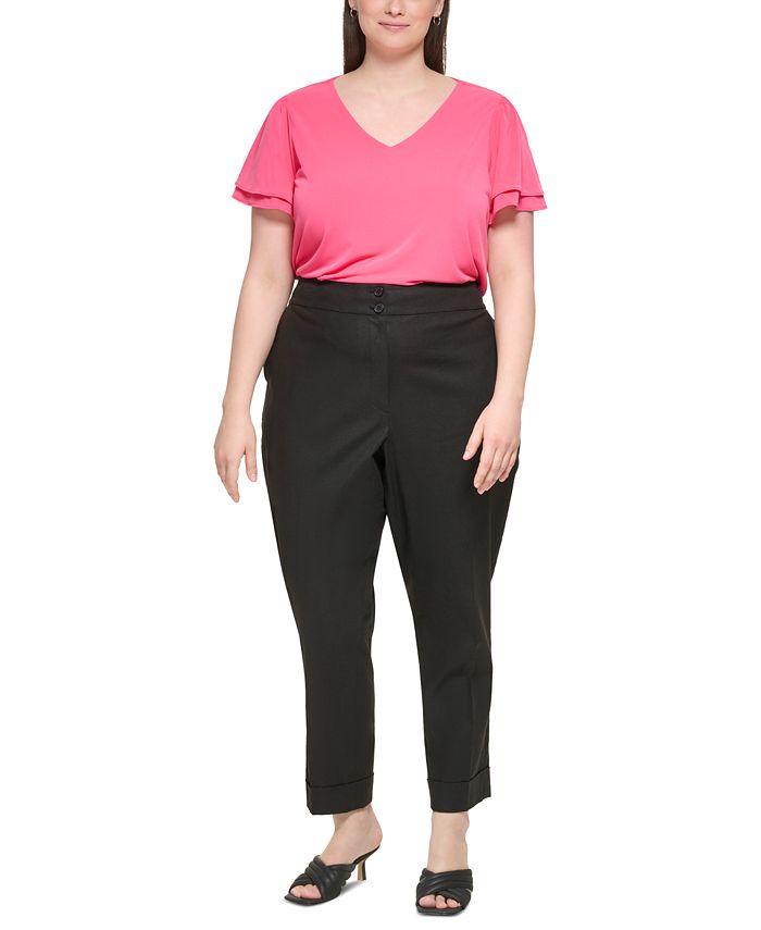 Plus Size Cuffed Linen Straight-Leg Ankle Pants