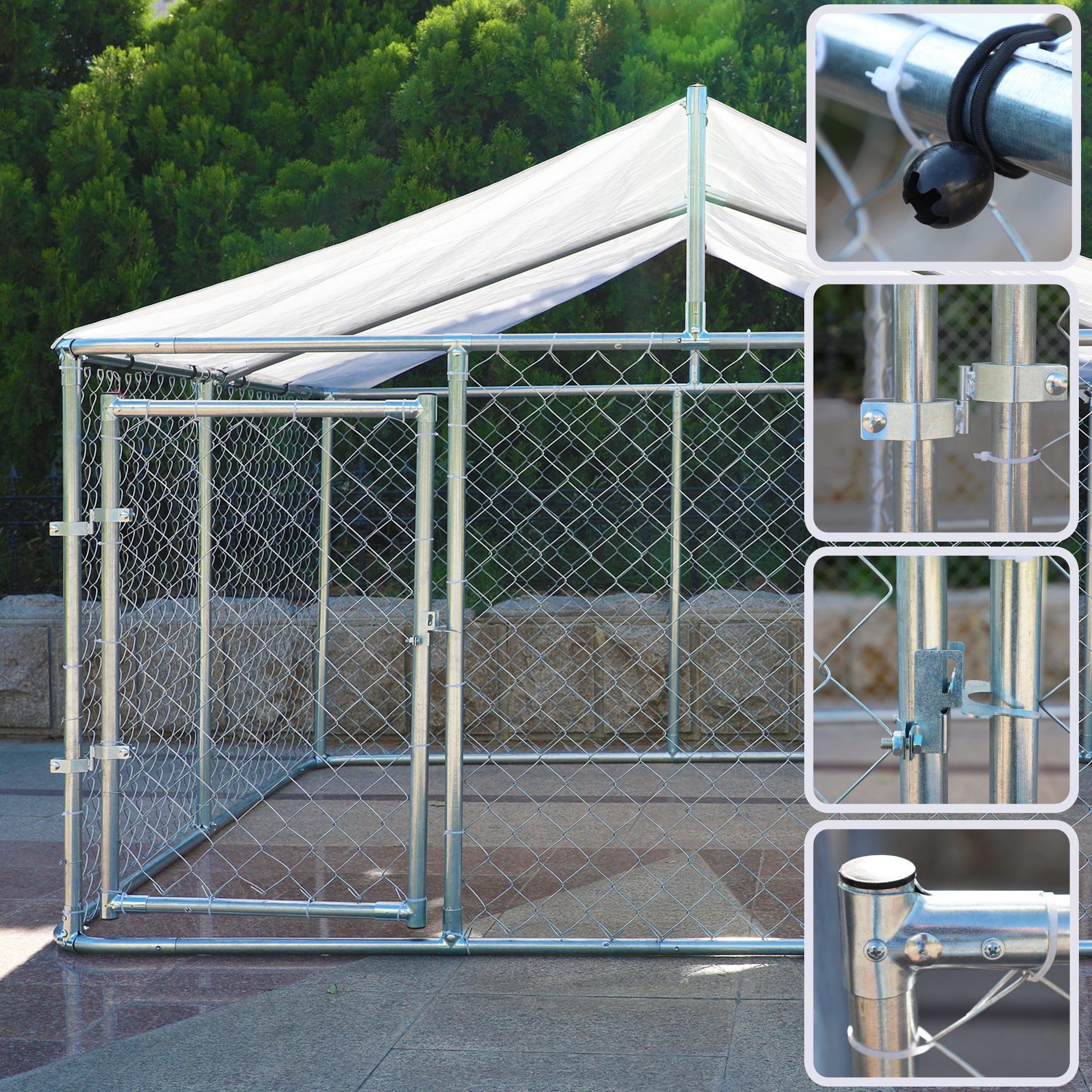 LZBEITEM 7.5 x 7.5ft Large Outdoor Dog Run Kennel， Heavy Duty Dog Cage Galvanized Steel Dog Fence Dog Enclosure Playpen with Waterproof Cover