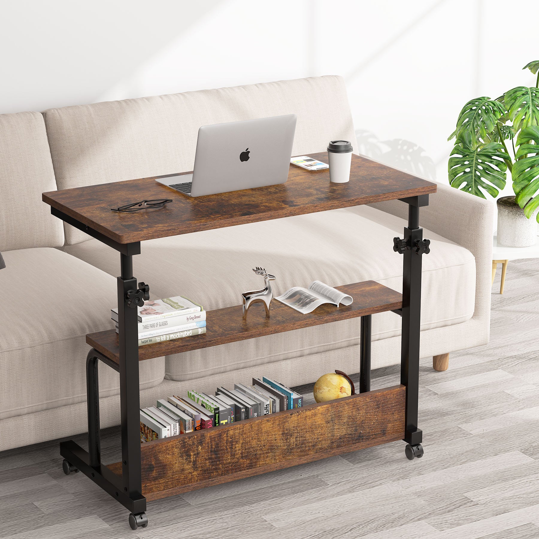 Mobile C Table, Height Adjustable Bedside Sofa Table with Shelves