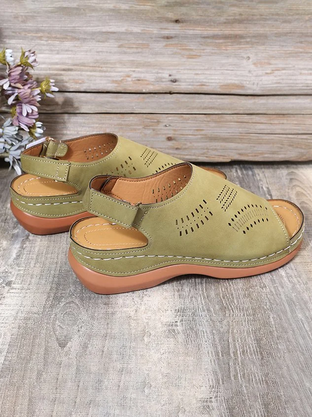 Cutout Velcro Vintage Casual Velcro Wedge Sandals
