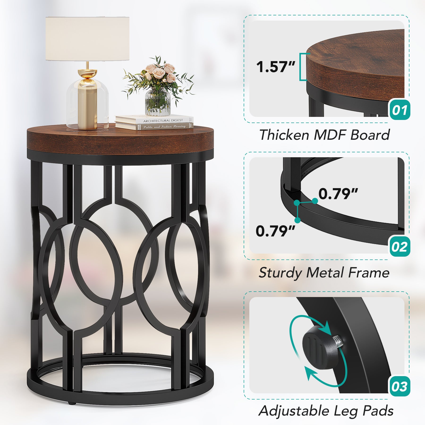 Round End Table, Industrial Side Table with Metal Hollow Frame