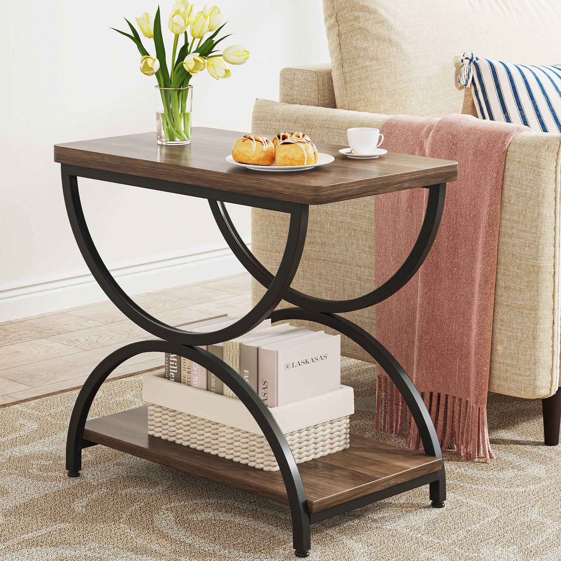 2-Tier End Table, Rectangular Side Table with Stylish Metal Frame