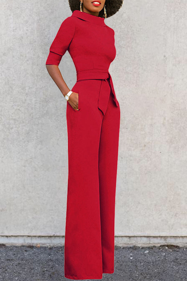 Temperament Solid Color Half Sleeve High Neck Slim Fit Lace-Up Jumpsuits
