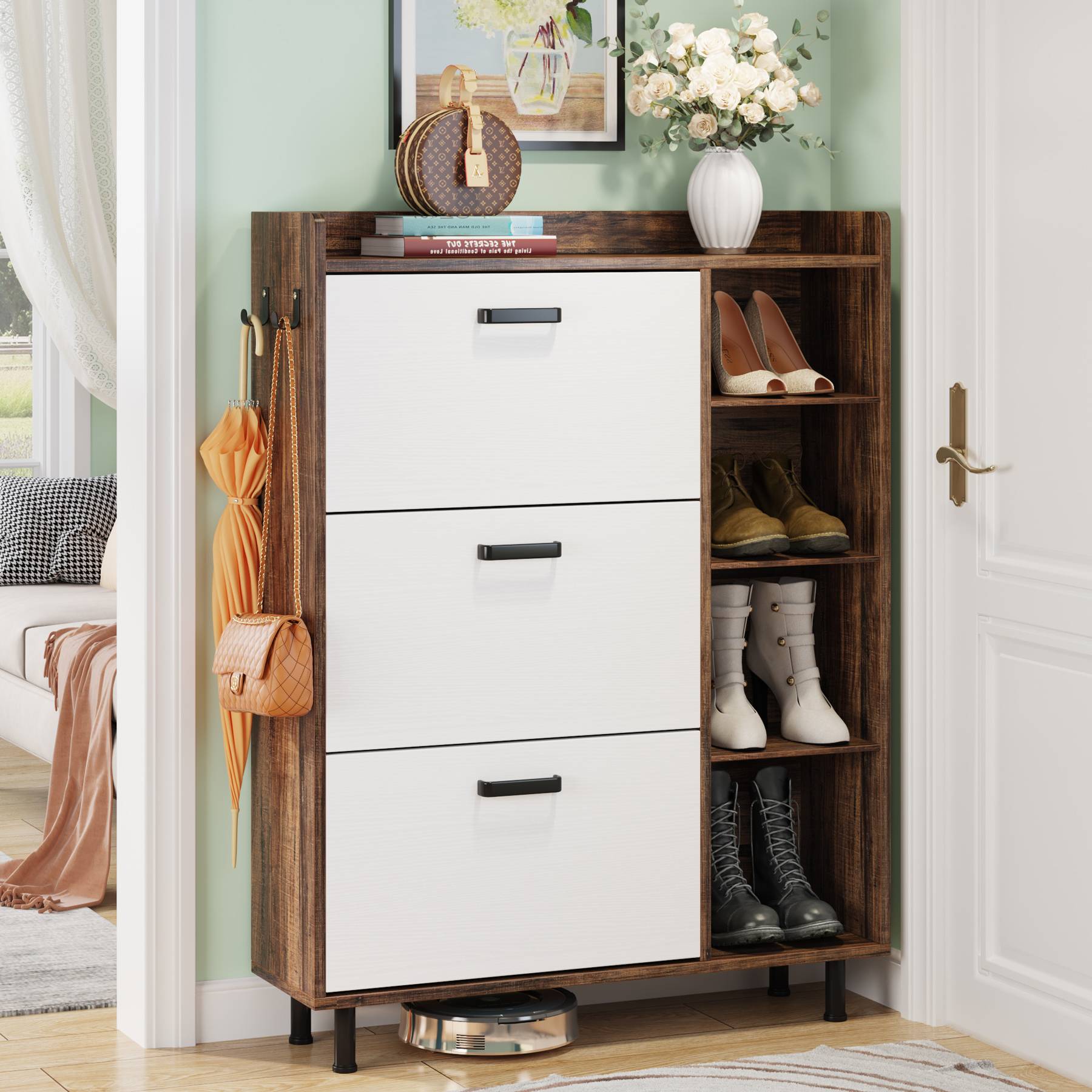 Wooden Shoe Cabinet, Freestanding Shoe Rack with 3 Flip Drawers & 5 shelves