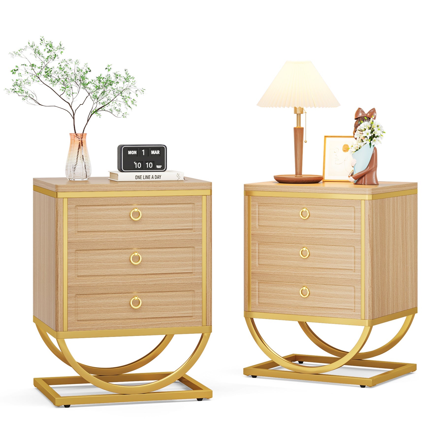 3 Drawers Nightstand, Modern Wood Bedside Table with Metal Frame