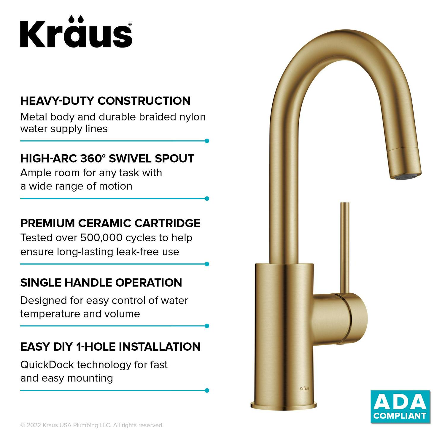 KRAUS Oletto Single Handle Kitchen Bar Faucet with QuickDock Top Mount Assembly in Brushed Brass