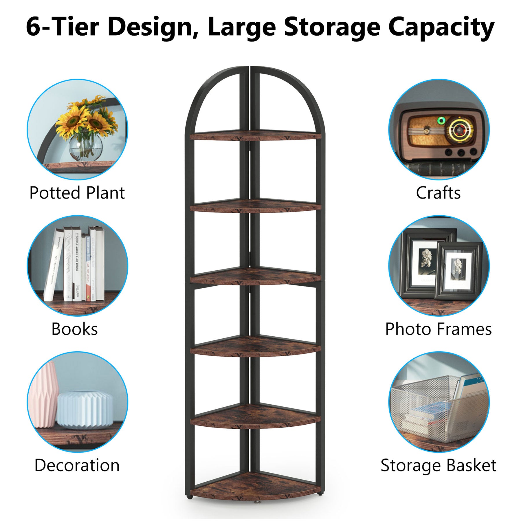 6-Tier Corner Shelf, 71 inch Tall Corner Bookshelf for Small Space