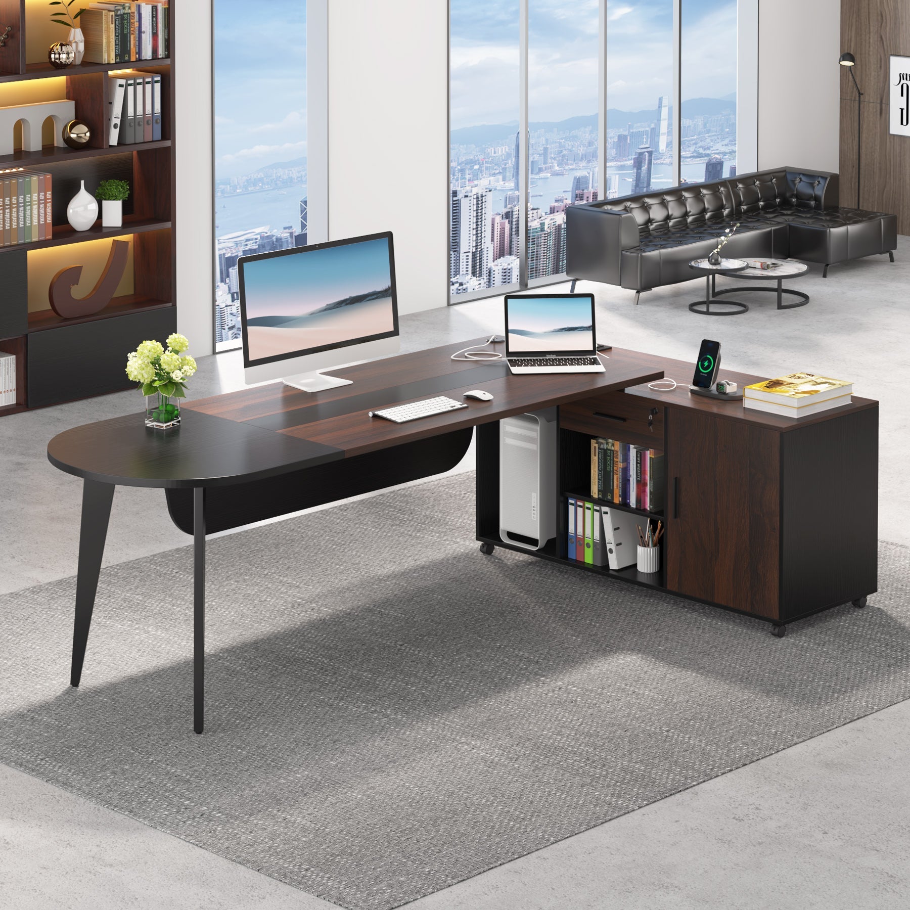 70.9'' L-Shaped Desk, Executive Desk with Power Outlet and 47” File Cabinet