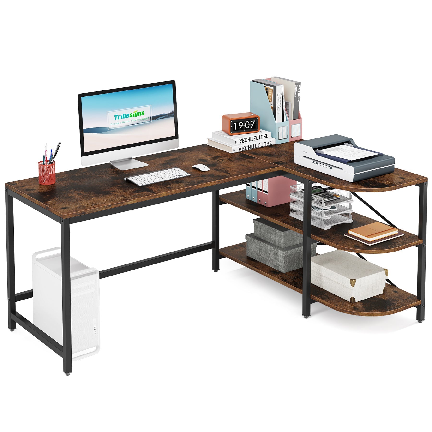 Industrial L-Shaped Desk Writing Desk with Storage Shelves