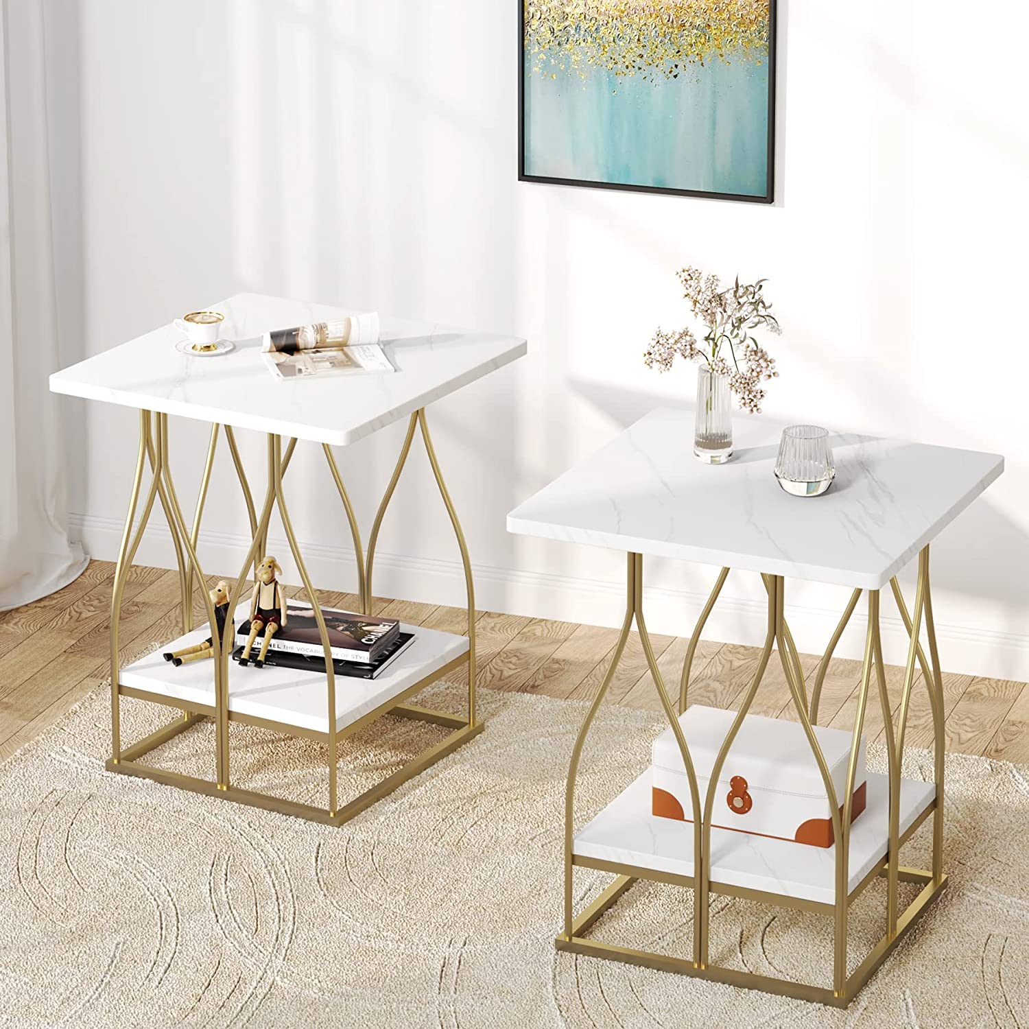 2-Tier End Table, Square Side Table Faux Marble Accent Table