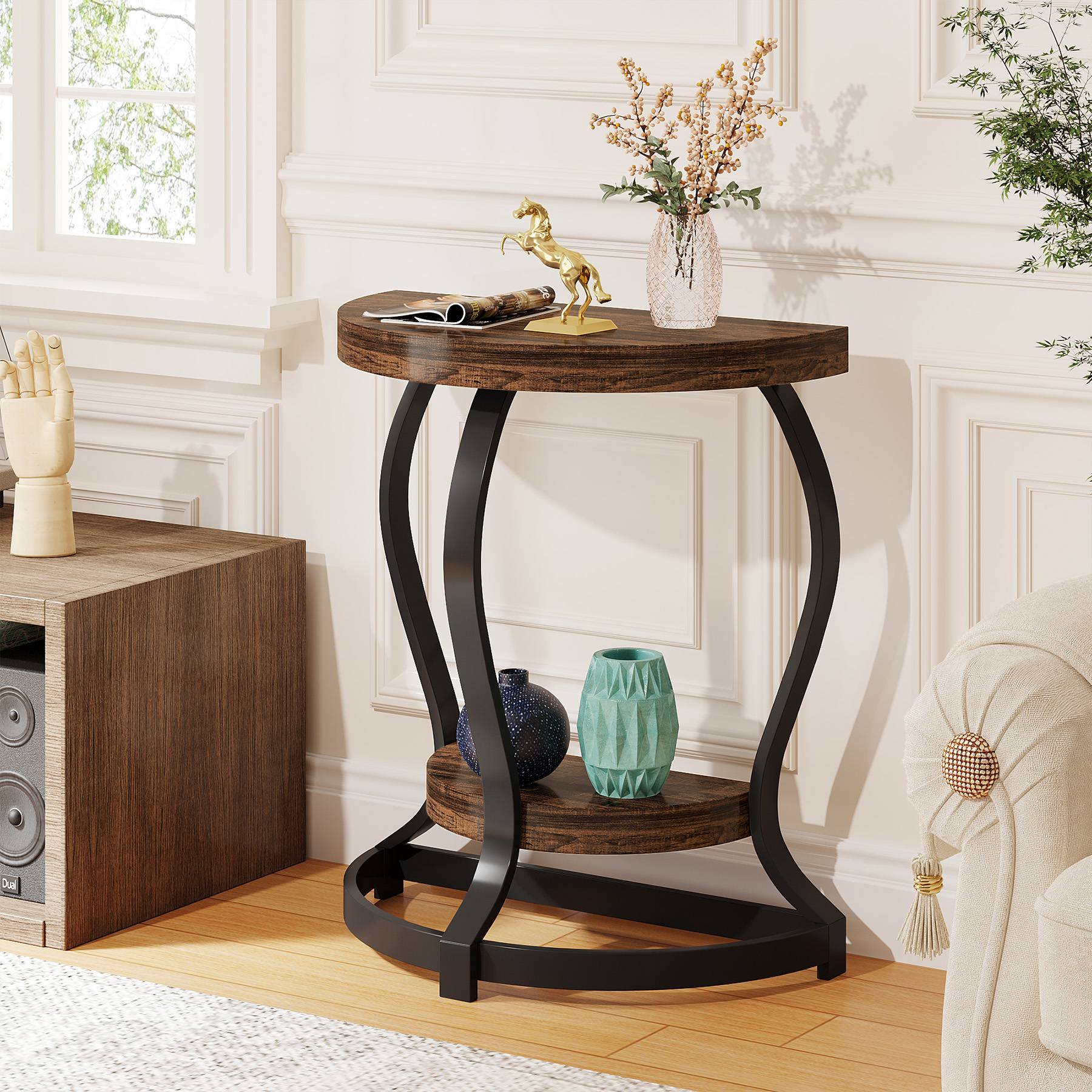 Half-Round End Table, Side Table with 2-Tier Shelves