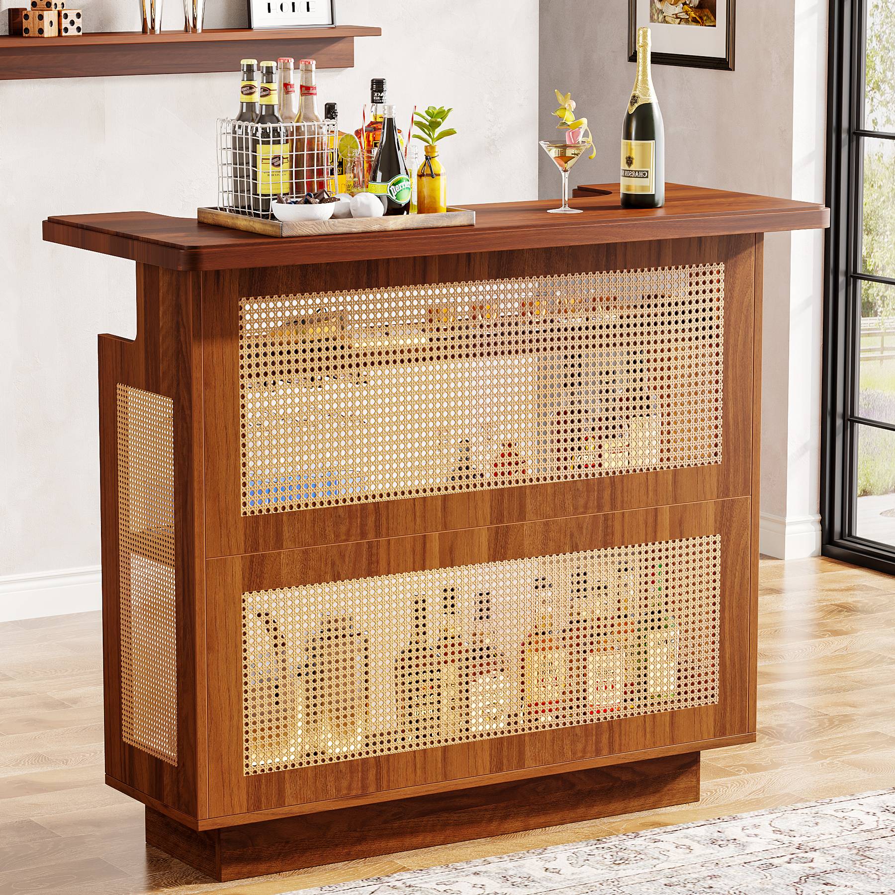 Rattan Home Bar Unit, 4-Tier Liquor Wine Bar Cabinet with Stemware Racks