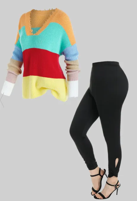 Colorblock Drop Shoulder Frayed Detail Sweater and High Rise Cutout Twist Leggings Plus Size Outerwear Outfit