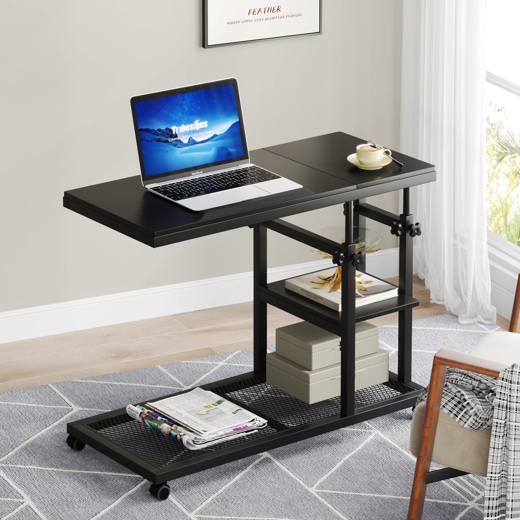 Mobile C Table, Height Adjustable Snack Tray Table with Wheels