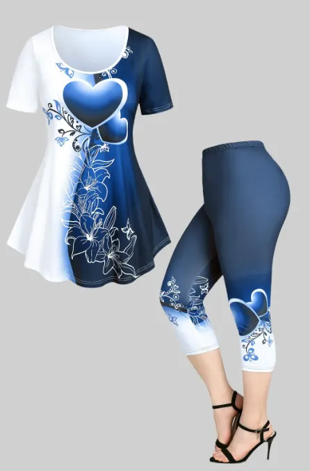 Heart Floral Print Colorblock Tee and Capri Leggings Plus Size Summer Outfit