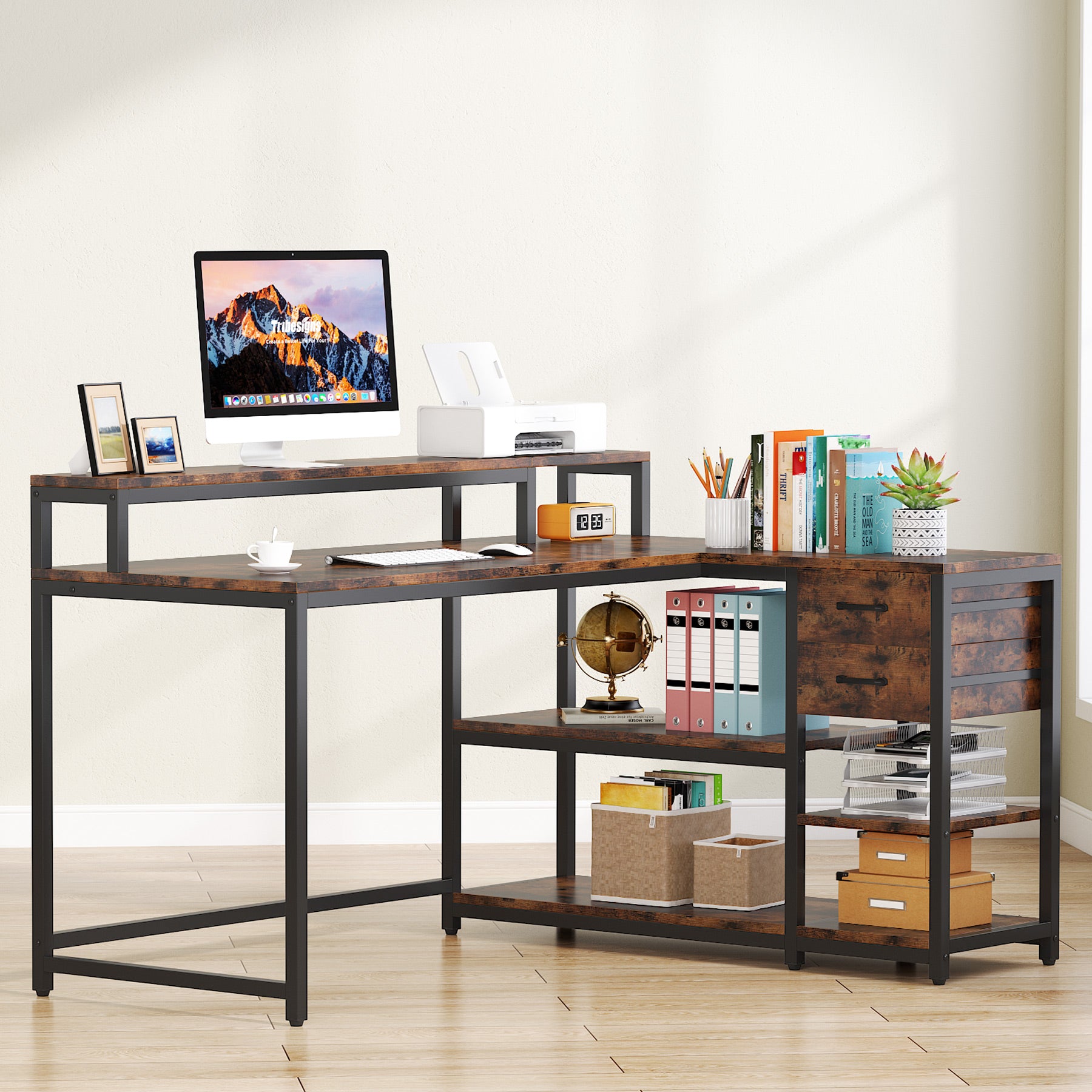 Reversible L-Shaped Desk, Industrial Corner Desk with Drawer & Shelves