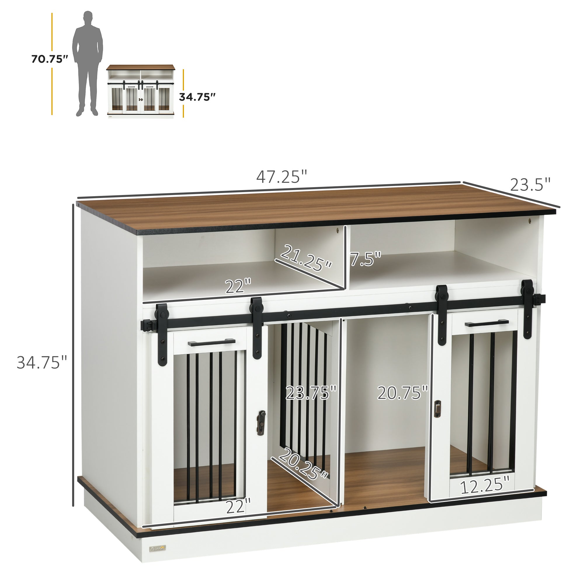 PawHut Dog Crate Furniture for Large Dogs， Double Dog Kennel for Small Dogs with Shelves， Sliding Doors， 47