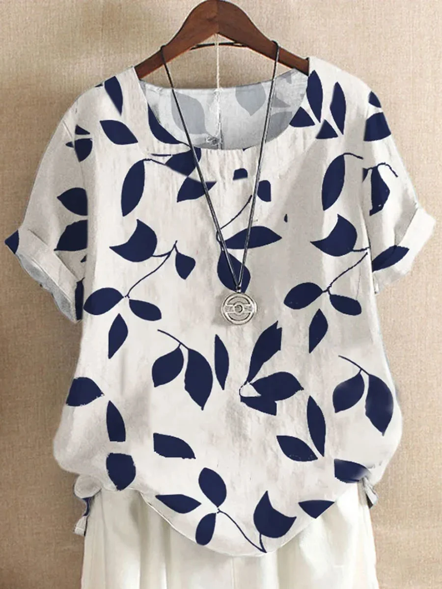 Round Neck Loose Casual Leaf Print Short-sleeved Blouse