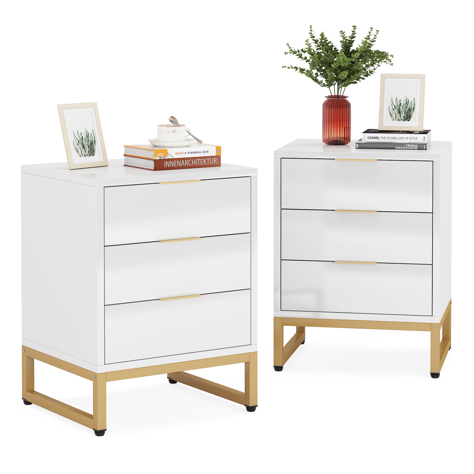 3 Drawers Nightstand, Modern Bedside End Table with Metal Frame