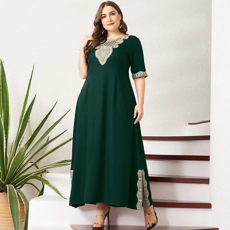 New Summer Maxi Dress Women Plus Size Vintage Lace Patchwork Split Hem Solid Green Half Sleeve Party Prom Long Suelto Dresses