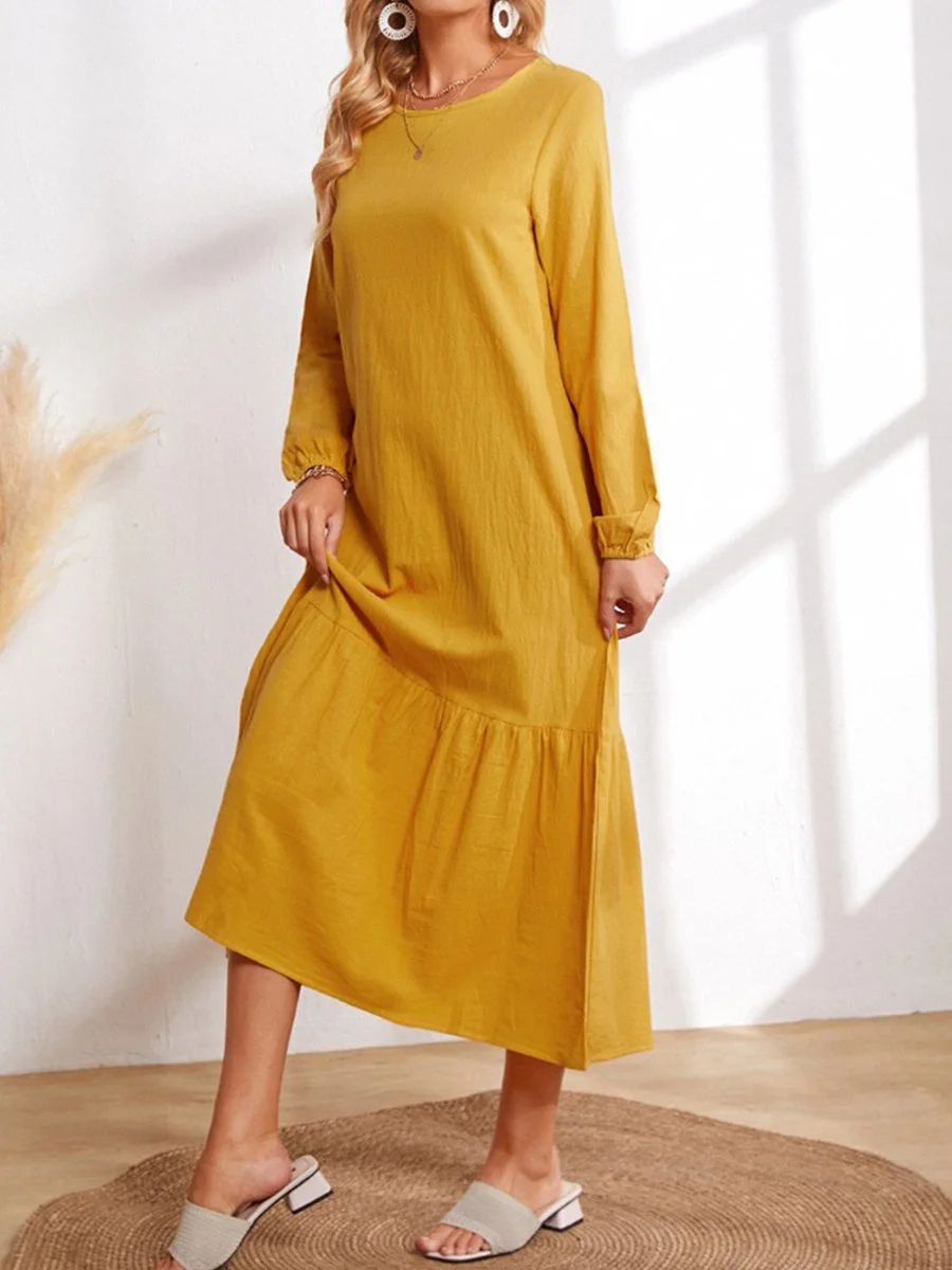 Women's Solid Color Long Sleeve Pleated Cotton Linen Dress