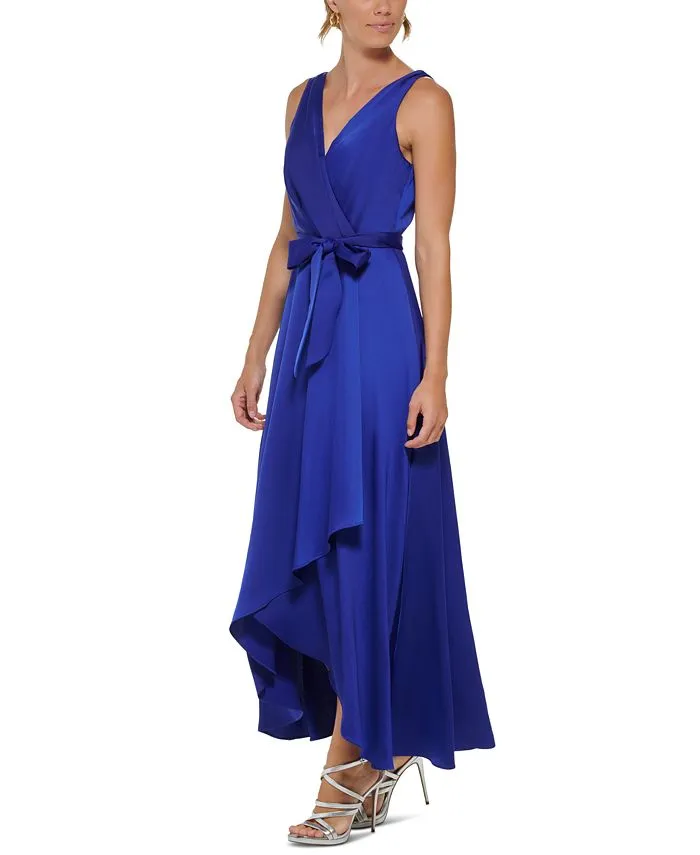 Women's Satin V-Neck Belted Faux-Wrap Gown