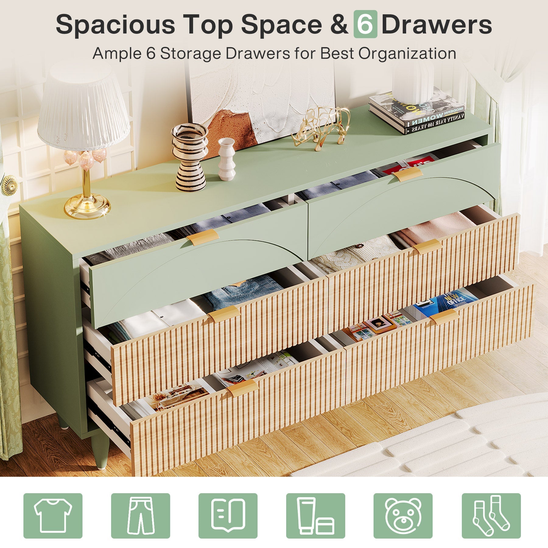 Modern 6-Drawer Dresser, 55 Inches Storage Chest of Drawers