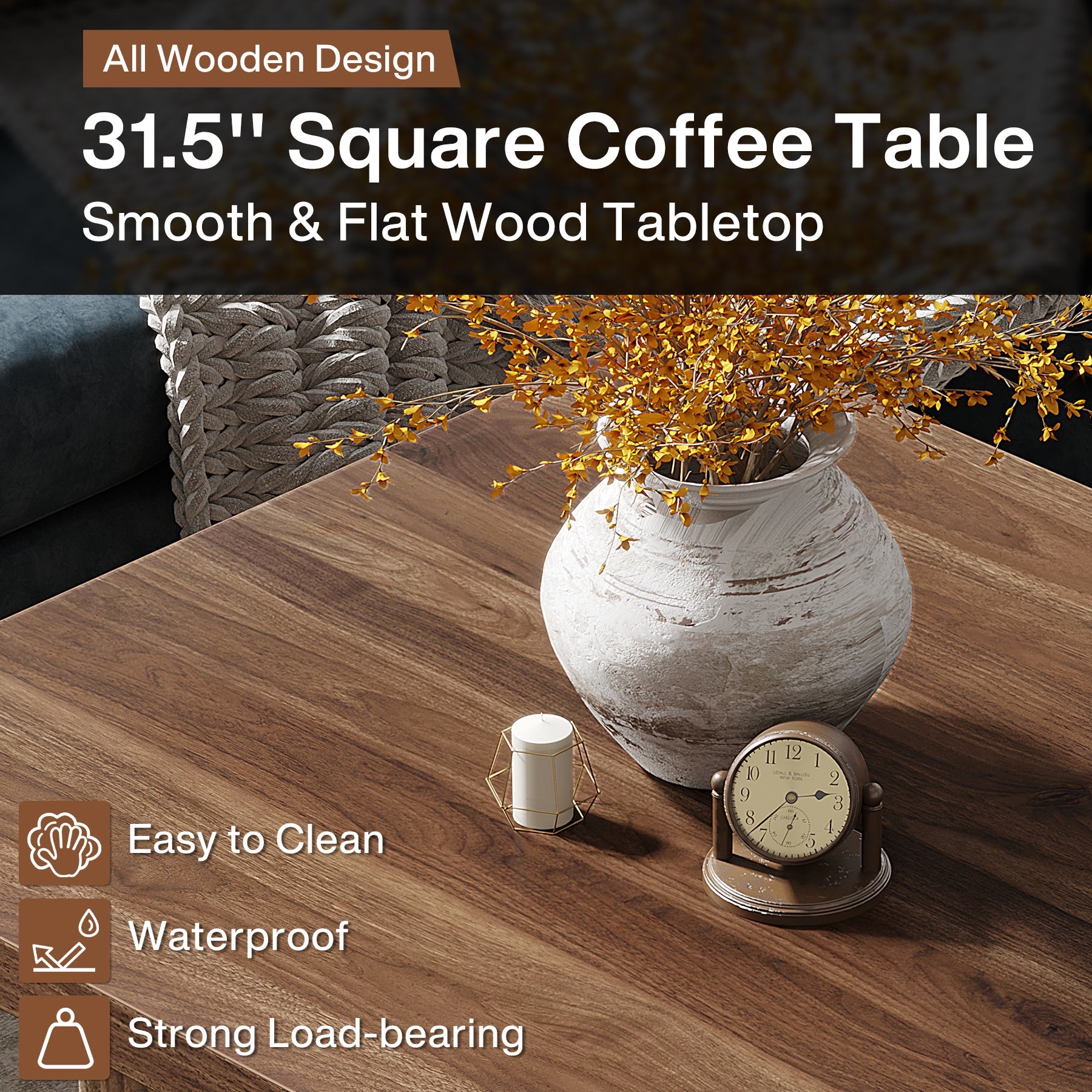 Square Coffee Table, 31.5-Inch Wood Center Table Cocktail Table