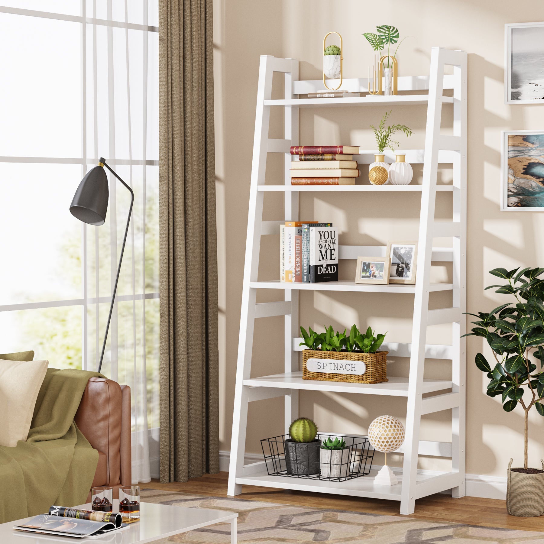 5-Tier Bookshelf, Ladder Bookcase Etagere Storage Shelf