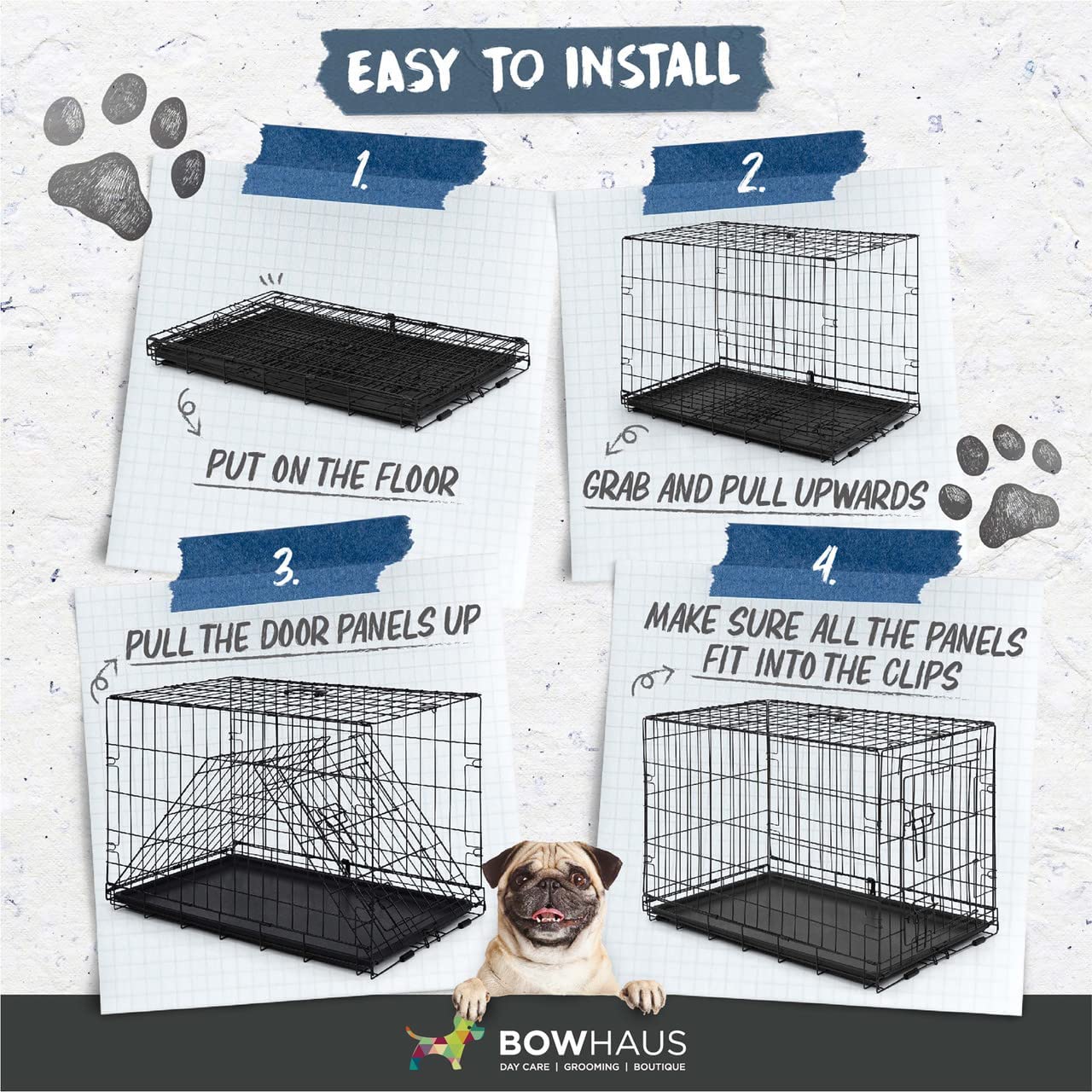 BOWHAUS Foldable Dog Crate Wire Metal Dog Kennel w/ Divider Panel， Leak-Proof Pan and Protecting Feet， Single and Double Door， Small， Medium and Large Dog Crate Indoor Wire Dog Cage， 48” w/ Double Doors