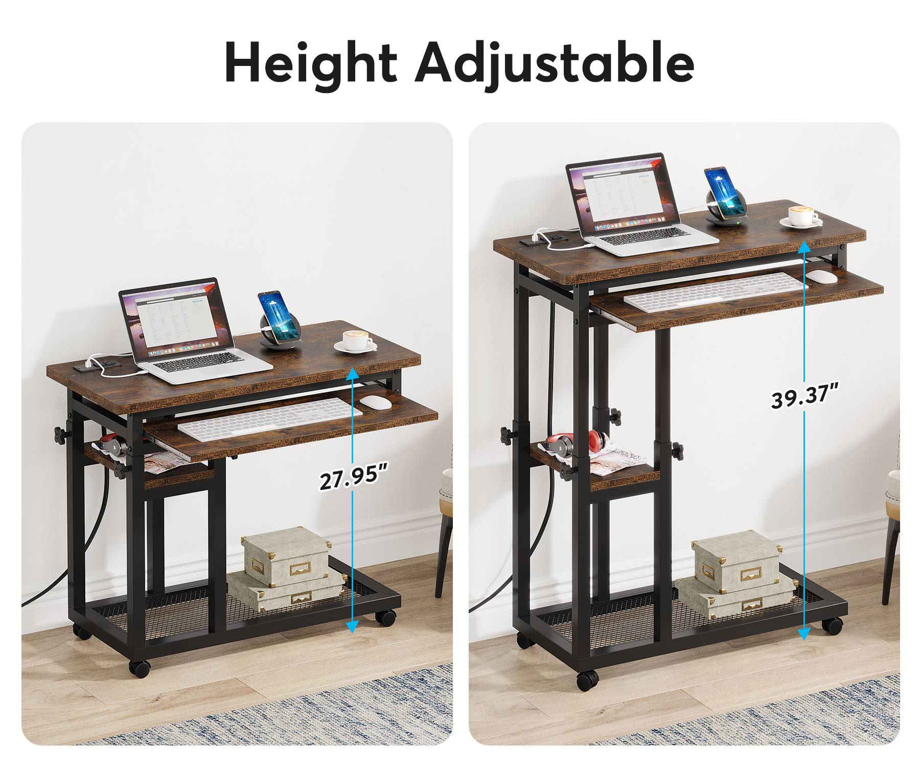 Mobile C Table, Portable Desk Side Table with Power Outlet